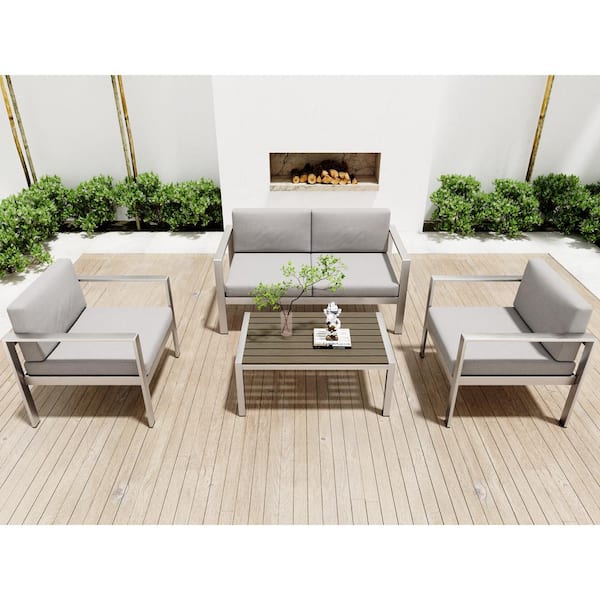 Unbranded 4-Piece Aluminum Outdoor Patio Garden Modern Loveseat Sofa Seat Set for Patio Garden with Seat Cushions Gray
