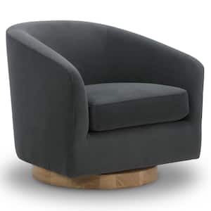 Nereus Gray Velvet Swivel Accent Chair with Arms and Wood Base