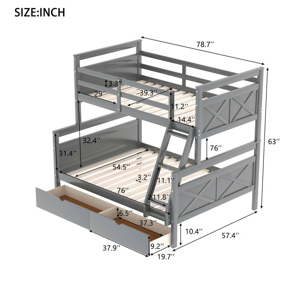 Harper & Bright Designs Gray Twin Over Full Wood Bunk Bed With 2 ...