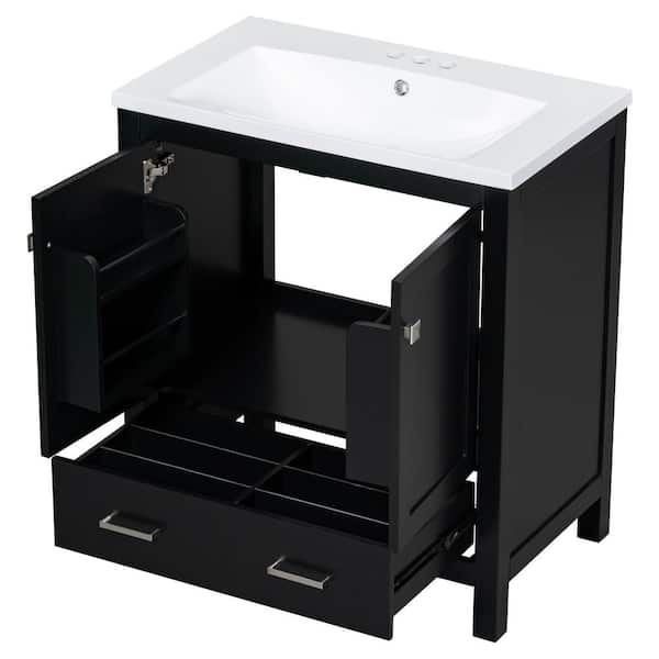 Magic Home 30 in. Black Bathroom Vanity Set Combo Storage Cabinet with Solid Wood Frame and White Sink