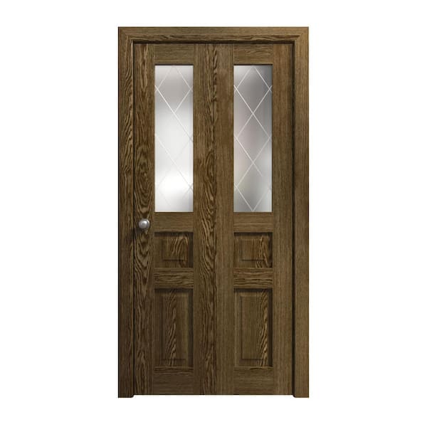 64 in. x 80 in. Frosted Glass Marble Oak Solid Wood Bi-Fold Doors with Hardware
