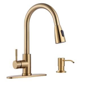 Stainless Steel Single Handle Pull Out Sprayer Kitchen Faucet with Deckplate and Soap dispenser in Gold