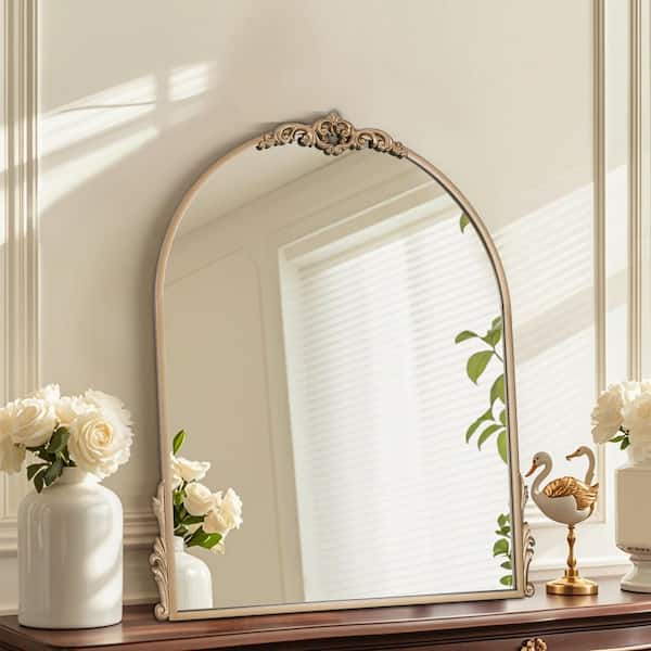 30 in. W x 36 in. H Intricately Carved Gold Arched Framed Wall Bathroom Vanity Mirror in Cast Iron Floral