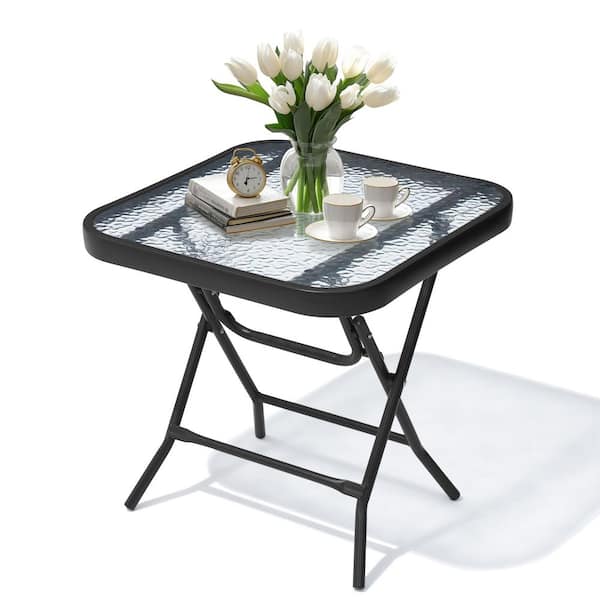 Square Folding Tempered Glass Outdoor Side Table Foldable Outdoor End Table in Black