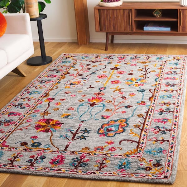 Blossom 3 ft. x 5 ft. Gray/Red Floral Border Area Rug