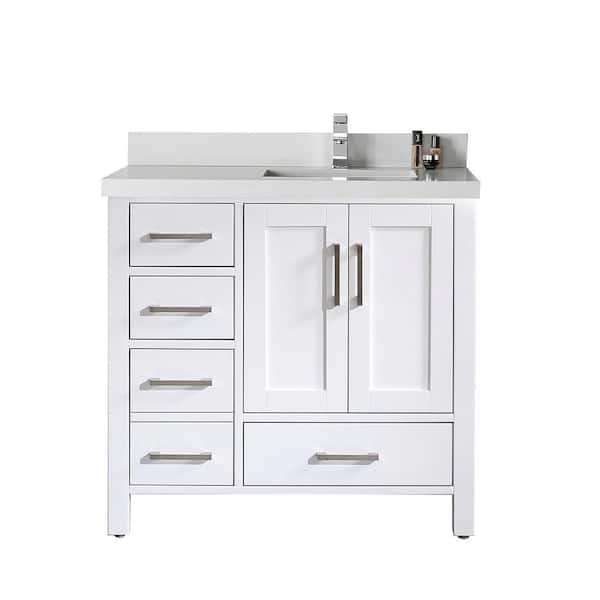 Willow Collections Malibu 36 in. W x 22 in. D x 36 in. H Right Offset Sink Bath Vanity in White with 2 in. Carrara Quartz Top