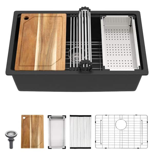 30 in. Undermount Workstation Single Bowl Granite Composite Quartz Kitchen Sink in Matte Black, 9.65 in. Deep