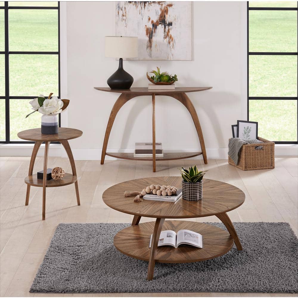 Nutmeg Brown Round Wood End Table with Storage Shelf