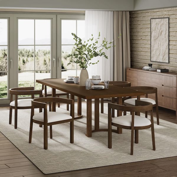 Cowan 7-Piece Walnut plus Beige Rectangular Wood Top Dining Set with 6 Cushioned Seats, Curved Back