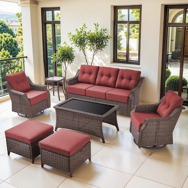 Circle Brown 7-Piece Wicker Patio Conversation Seating Set with Red Cushions, Outdoor Sofa set with Coffee Table