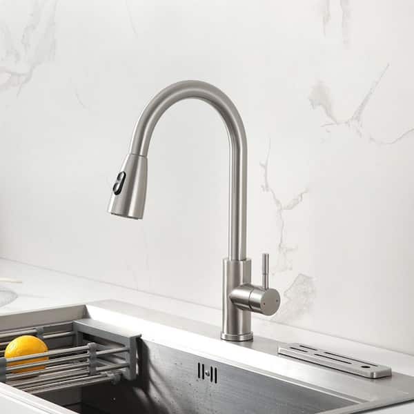 Satico Amuring Single Handle Pull Out Sprayer Kitchen Faucet in Brushed Nickel