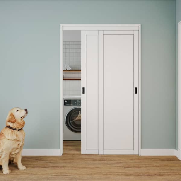 48 in. x 80 in. Paneled 1-Lite White Finished MDF Muti-Design Sliding Door with Hardware