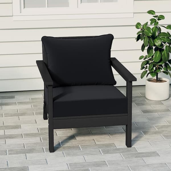 Birchwood Outdoor Patio Deep Seating HDPE Plastic Lounge Chair in Black with Black Cushions