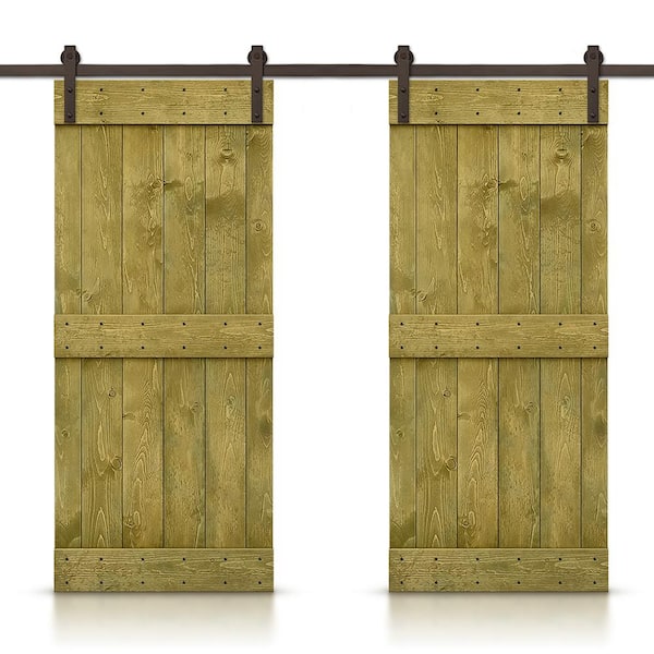 CALHOME Mid-Bar 40 in. x 84 in. Jungle Green Stained DIY Solid Pine Wood Interior Double Sliding Barn Door with Hardware Kit