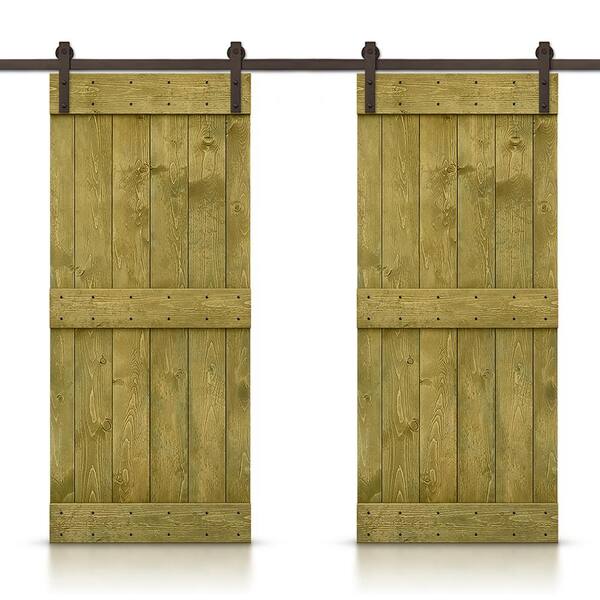 CALHOME Mid-Bar 64 in. x 84 in. Jungle Green Stained DIY Solid Pine Wood Interior Double Sliding Barn Door with Hardware Kit