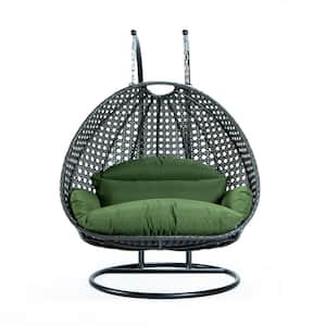 Charcoal Wicker Hanging 2-Person Egg Swing Chair Patio Swing with Dark Green Cushions