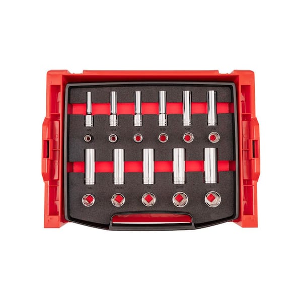 1/2 Inch Drive Shallow and Deep 6-Point Socket Set with Open Top Drawer and Rack, 22-Piece (3/8-1 in. )