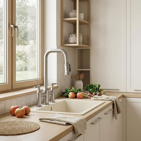 3 Patterns Double Handle Pull Down Bridge Kitchen Faucet with 360° Swivel Spout for 3 Holes in Brushed Nickel