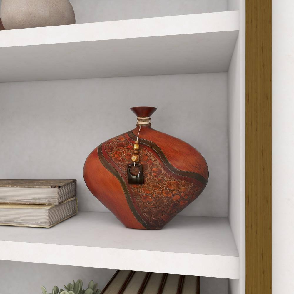 14" Cognac Brown Polystone Vase with Carved Abstract Designs