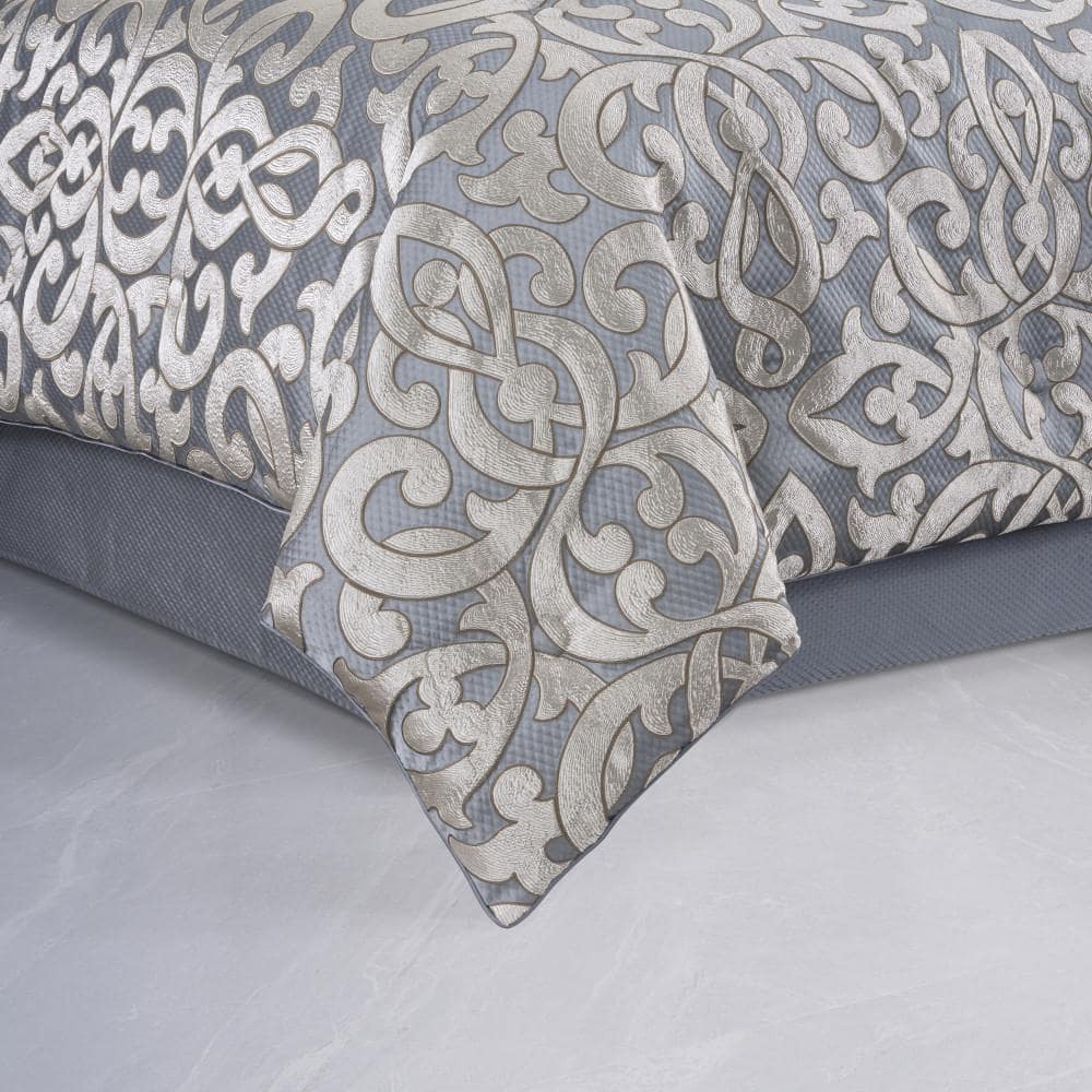 Queen Blue and Silver Microfiber Comforter Set with Gathered Embellishment