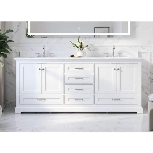 QUE 80 in. W Solid Wood Double Sink Bath Vanity in White with White Cultured Marble Top, Soft-Close Drawers, Assembled