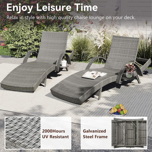 Grey 2-Piece Wicker Outdoor Chaise Lounge Adjustable