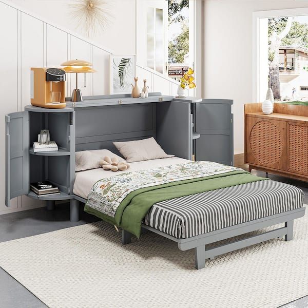 Gray Wood Frame Full Size Murphy Bed with Hidden Storage and Modern Woven Design