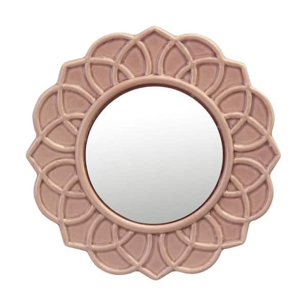 Stonebriar Collection 9 in. x 9 in. Decorative Round Pink Dusty Rose Floral Ceramic Wall Hanging Mirror