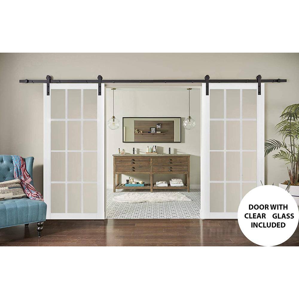 Felicia Matte White Solid Wood Double Barn Door with Clear Glass Panels
