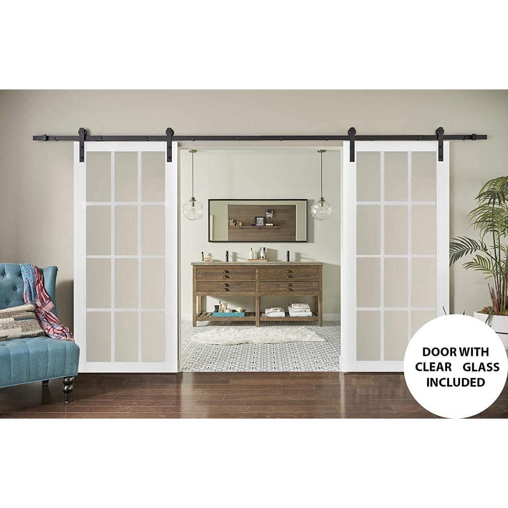 Matte White Solid Wood Double Barn Door with Clear Glass Panels