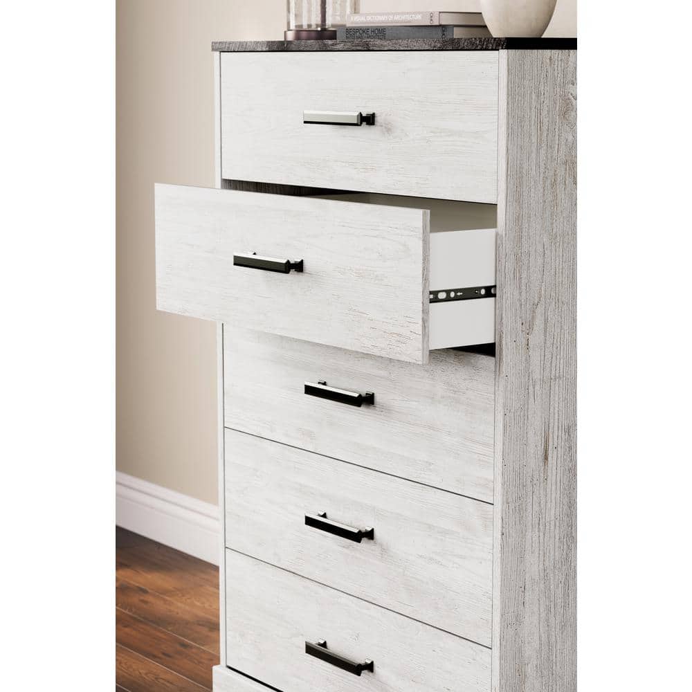 Transitional Whitewash & Charcoal Gray 5-Drawer Chest with Pewter-Tone Hardware