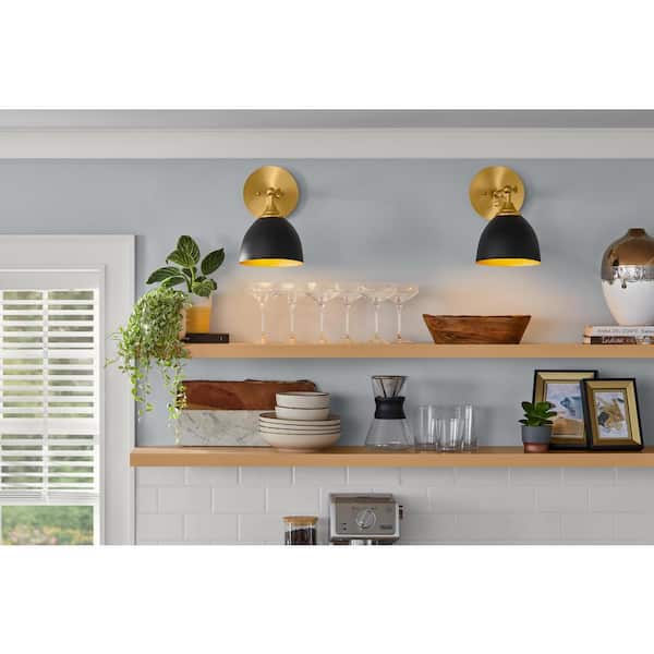 Frolynn 7 in. 1-Light Aged Brass Wall Sconce with Matte Black Metal Shade