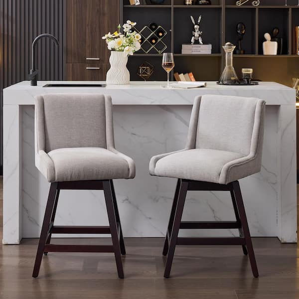 26.4 in. Light Gray Fabric Upholstered 360° Swivel Bar Stool Solid Wood Counter Height Stool (Set of 2)