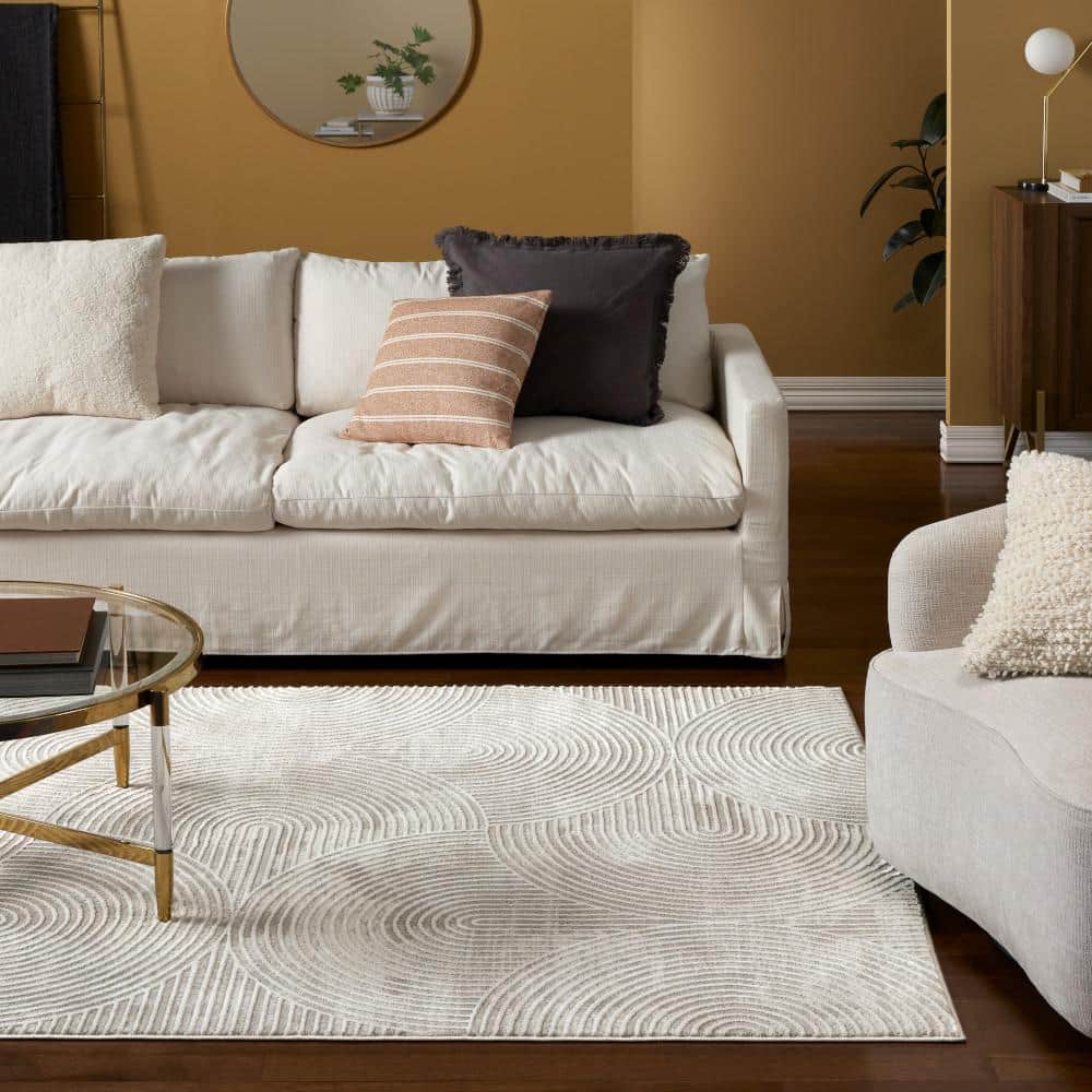 Ivory and Greige Polyester Rectangular Area Rug with High-Low Texture