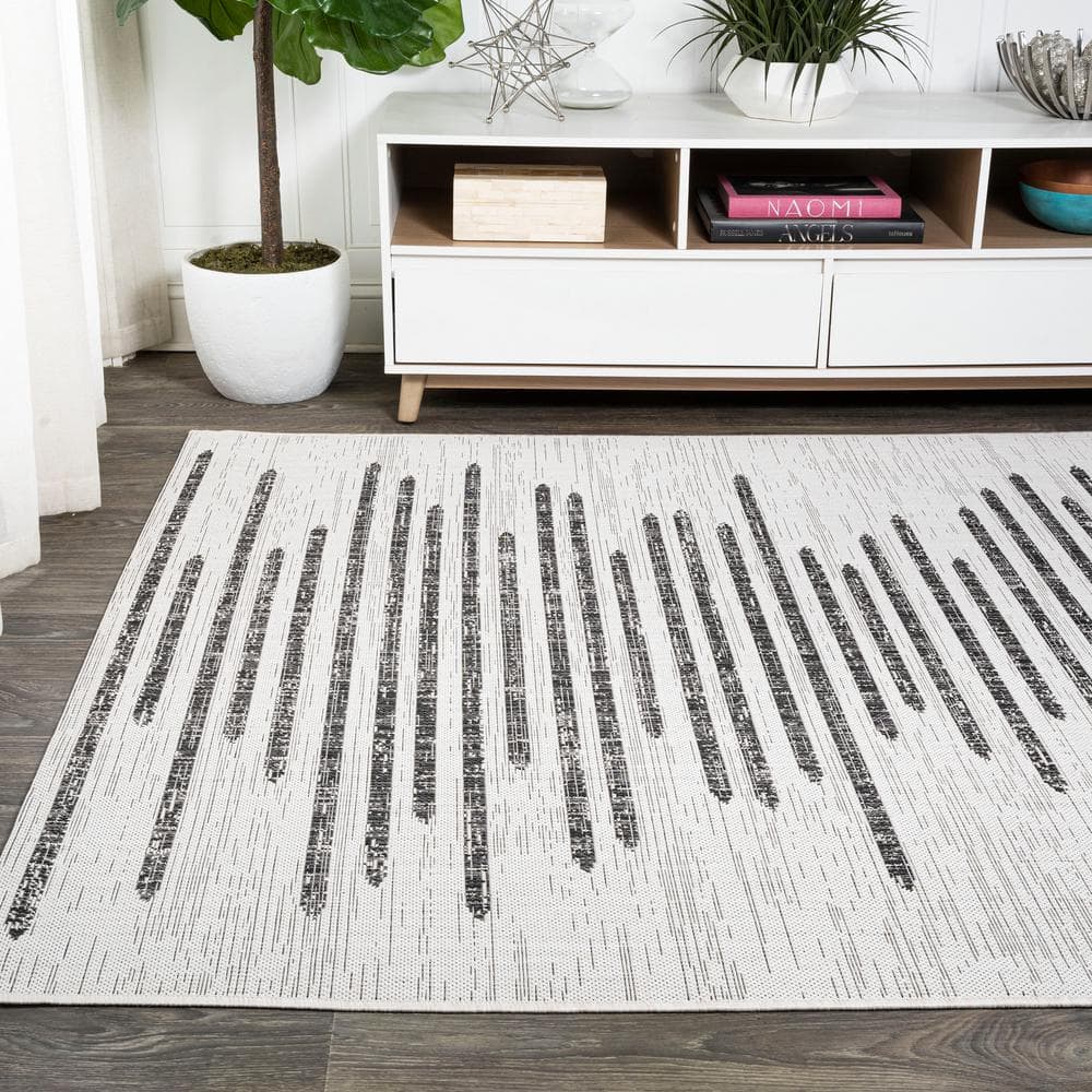 Ivory & Black Striped Synthetic 4' x 6' Easy-Care Area Rug