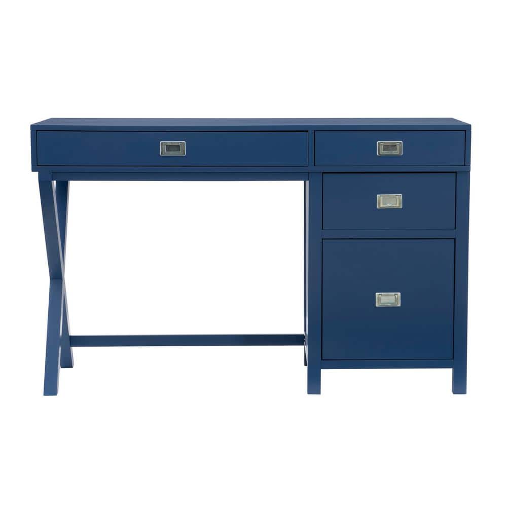 Linon Home Decor Sara 48 in. W Rectangle Navy Blue Wood 4Drawer Computer Desk with Side Storage