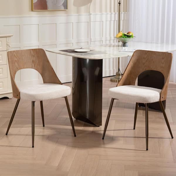 Glamour Home Bernadette Beige Washed Boucle Fabric Dining Chair with Natural Wood Back and Black Iron Legs Set of 2