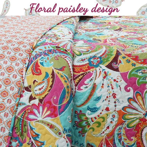 Cozy Line Home Fashions Flourish Tropical Floral Paisley 3-Piece Multi-Color  Pink Blue Green Poly Cotton King Quilt Bedding Set BB2020-043King - The  Home Depot