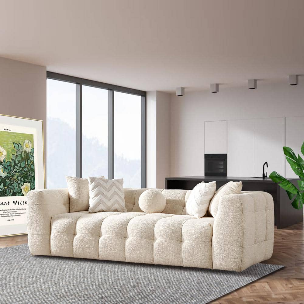 Ivory Boucle Puffy 3-Seater Mid Century Modern Sofa
