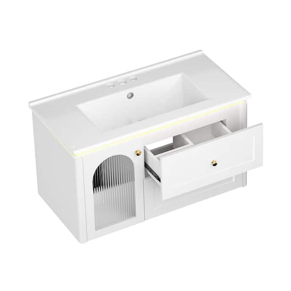 36 in. Floating White Bath Vanity with White Ceramic Top Unassembled, Sensor Light with Built-in Outlet
