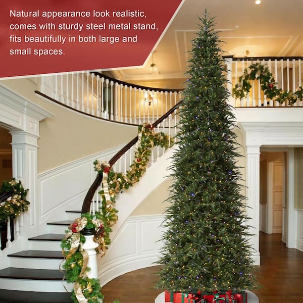 Glitzhome 15 ft. Pre-Lit Green Slim Fir Artificial Christmas Tree