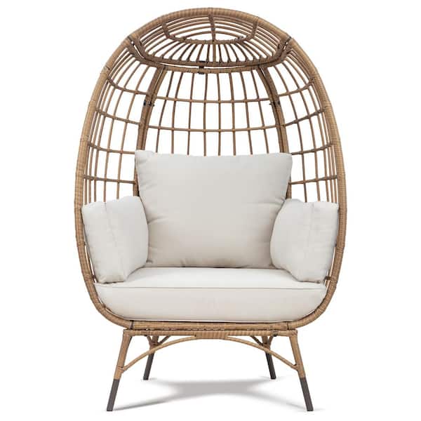 Esunny Outdoor Patio Yellow Wicker Egg Lounge Chair with Beige Cushions