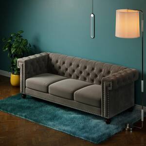 82.75 in. W Rolled Arms Velvet Upholstered Chesterfield Tufted 3-Seater Straight Sofa With Nailhead Decoration in Brown