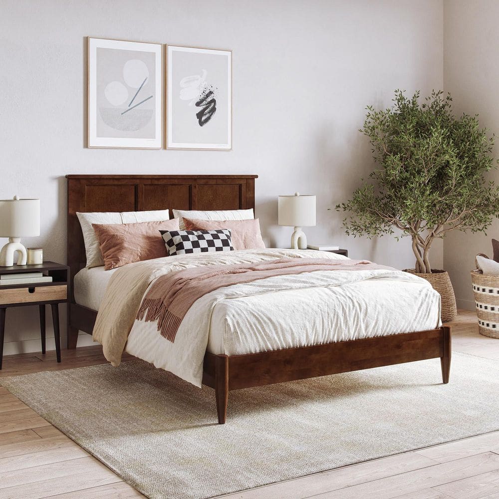 Charlotte Full Walnut Solid Wood Platform Bed with Headboard