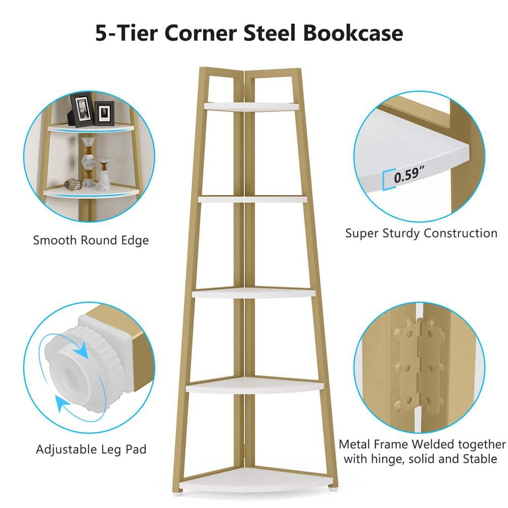 Gold and White 70" 5-Tier Corner Ladder Shelf