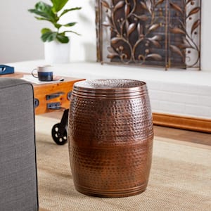 14 in. Brown Drum Shaped Medium Cylinder Aluminum End Table with Hammered Design
