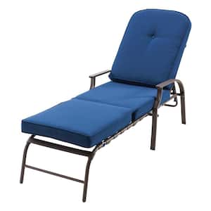 Tufted Adjustable Metal Outdoor Patio Lounge Chair with Blue Cushion