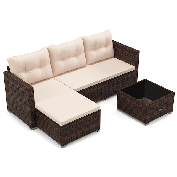 ANGELES HOME 4 Seats Wicker Outdoor Sectional Set with Tempered Glass Coffee Table and So ft. Cushions, Beige Cushions