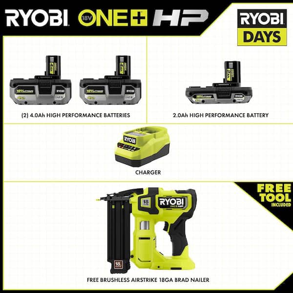 ONE+ 18V HIGH PERFORMANCE Kit w/ (2) 4.0 Ah Batteries, 2.0 Ah Battery, Charger, & FREE ONE+ HP Brushless Brad Nailer