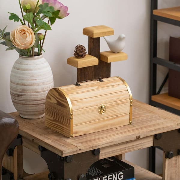 Unfinished Wooden Treasure Chest with Arched Lid, Gold Accents, Locking Latch and Handle Decorative Box